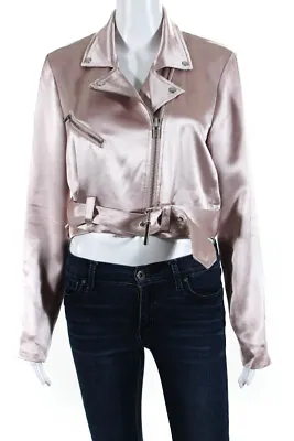 Veda Womens Collared Long Sleeve Zip-Up Belted Cropped Biker Jacket Pink Size M • $109.79