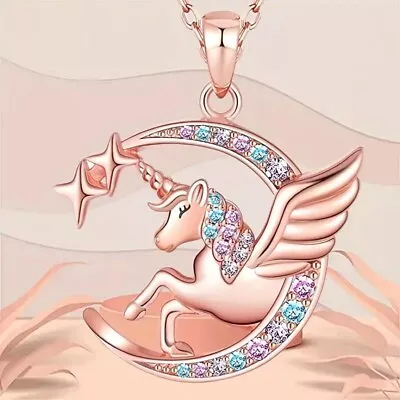 Unicorn Necklace Pendant Rhinestone Jewelry Holiday Pink Golden Girl Unique Gift • $13.98