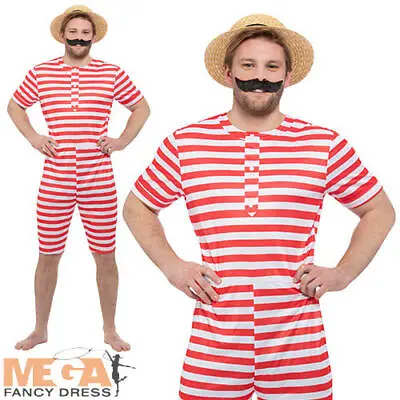 1920s Red & White Bathing Suit Mens Fancy Dress 20s Vintage Beach Adults Costume • £9.99