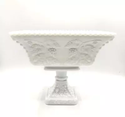 Vintage Milk Glass Square Compote W/ Pedestal Grape Leaf & Grapes LARGE • $10