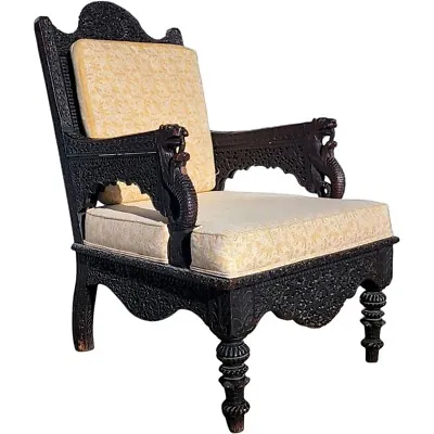 Antique Anglo Raj Carved Rosewood And Upholstered Fortuny Silk Armchair • $2250