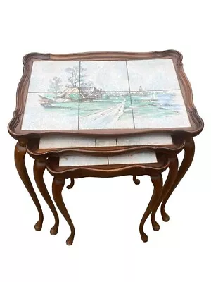 3 Danish Nesting Tables Teak? & Tile Painted Farm Scenes MCM Vintage Poss Antiq • $599