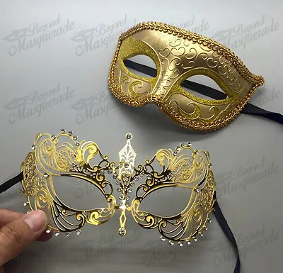 His & Her Couple Masquerade Mask Gold Themed Mask Extravagant Mask • $18.95