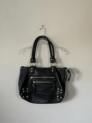 Linea Pelle Black Leather Front Zippers Luxury Gold Hardware Purse Bag READ • $59.99