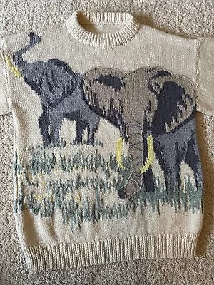 Vintage Hand Knit Elephant Jumper Sweater Wool M/L Hand Made • $80.90