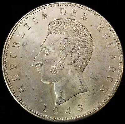 1943 ECUADOR Silver 5 SUCRES Mexico Mint Choice UNC - HLK Coins • $17.33