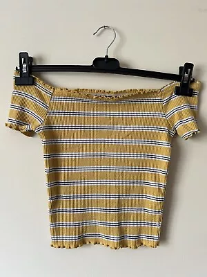 New Look Mustard And White Striped Ribbed Bardot Top • £3