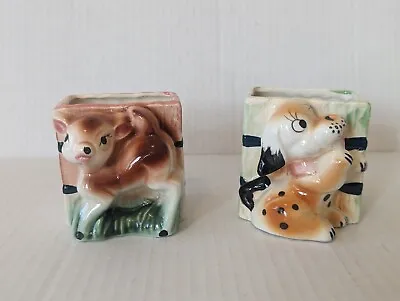 Vintage Deer And Dog Ceramic Toothpick Holder Or Small Planter Japan Set Of 2 • $12