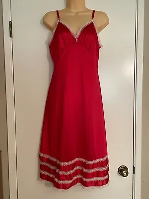 $9.99 • Buy Vtg Stunning Full Slip Dress 36 M Lace Inserts Shiny Red Antron III Nylon Sears