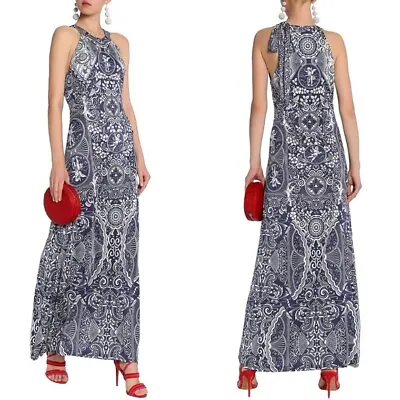 $278.99 • Buy Mary Katrantzou Blue White Print Jersey High Neck Maxi Dress Size Small