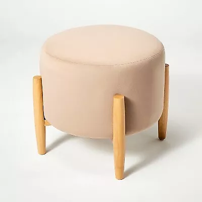 Elroy Round Velvet Ottoman With Wooden Legs Light Brown - Threshold Designed • $34.99