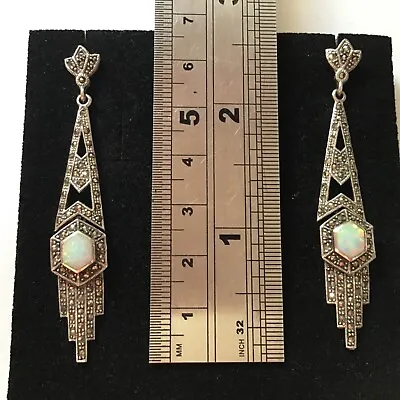 Art Deco Sterling Silver And Marcasite White Opal Geometric Long Drop Earrings  • $73.35