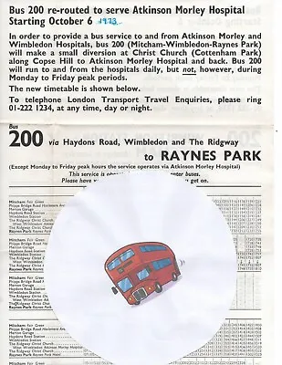 London Transport Bus Timetable - 200 - Mitcham-wimbledon-raynes Park - Oct 1973 • £4