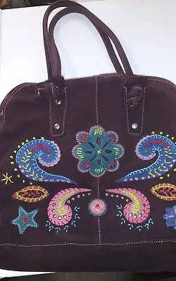 Oilily Brown Suede Leather Embroidered Satchel Purse Bag • £28.50