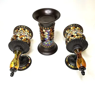 Set Of 3 Partylite Glass Mosaic Candle Holders Two Wall Sconces & One 9” Pillar • $76