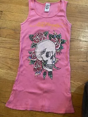 Vintage ED HARDY Christian Audigier Tank Top One Size Skull USA Ribbed Pink • $39