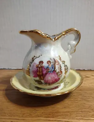 Vintage Japan Glazed Ceramic Small Water Pitcher And Saucer Victorian Design • $12