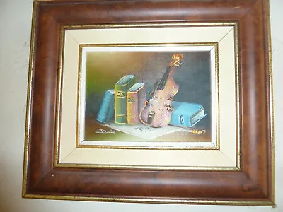 Original Signed  Oil Board Still Life Painting Books Violin Music Art • $35