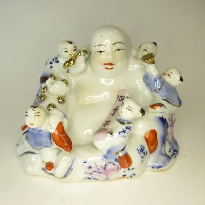 Laughing Buddha With Five Playing Children Prosperity Pottery Figurine Lot A • £35.49