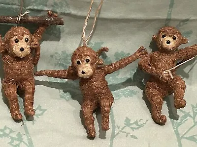 Set Of 3 Fun Natural Fiber Monkey Hanging Figurines Or Ornaments • $39