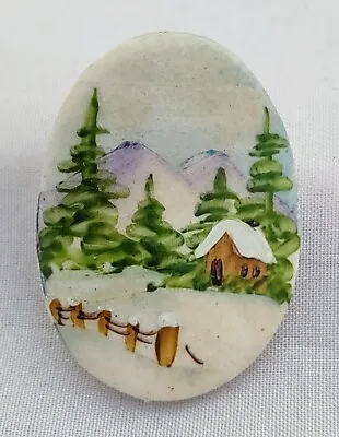 Vintage Hand Painted Cabin In Forest W/ Snow Porcelain Brooch Pin 1.5  • $11.99