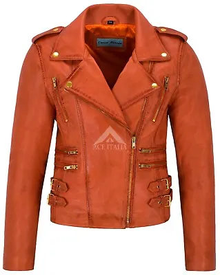 MYSTIQUE Ladies Orange Biker Motorcycle Style Designer Nappa Leather Jacket 7113 • £97.57