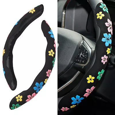 Pair Universal Car Steering Wheel Cover Black Suede Flower Print Anti-slip 38cm • $14.24