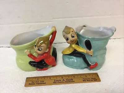 Pair Vintage Acme Japan Porcelain Planter Figurines Bookends Pixie Elf On Boot • $29.95