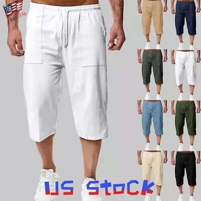 Mens 3/4 Length Linen Sports Shorts Elastic Waist Loose Casual Solid Capri Pants • $16