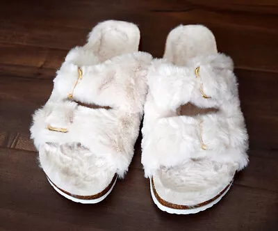 Fitory Women's Size 7 Slippers Open Toe Shoes Beige Faux Rabbit Fur Sandals NEW • $28.76