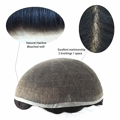 Mens Toupee French Lace Human Hair Replacement System Bleached Hairpiece #1B • $199.99