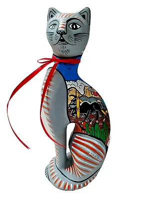 Mexican Clay Pottery Cat Figure Hand Painted Folk Art Village Animal Large 12in • $54