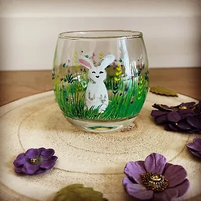 Hand Painted Easter Bunny Rabbit Wildflower Glass Candle Holder • £8.50