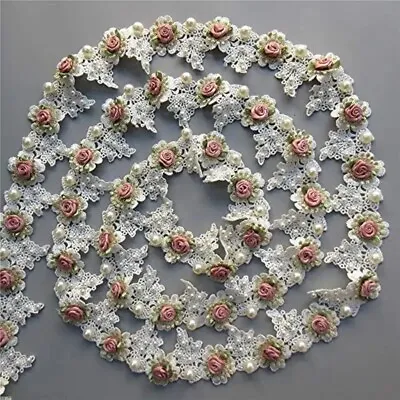 1 Yard Vintage Faux Pearl Rose Flowers Embroidered Lace Trim • $5.50