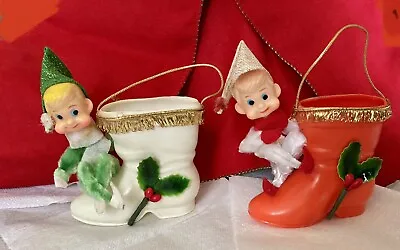 Adorable Vintage Pixie Elf On Boot Christmas Ornaments -made In Japan • $26.99