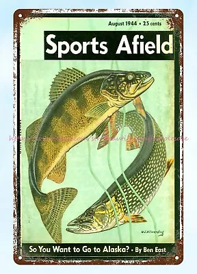 1944 Sports Afield Hunting Fishing Muskie Metal Tin Sign Interior Decorative • $18.89