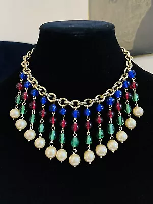 Vtg Gold Glass Beads Jewel Mogul Designer Runway Statement Chain Link Necklace • $29.99