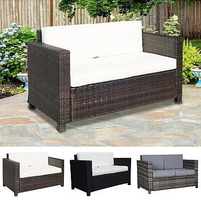 Rattan Garden Furniture Weave Wicker 2-Seater Sofa W/ Cushion • £168.99