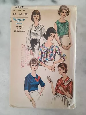 Vintage 1950s VOGUE Sewing Pattern Blouse  #5486 Size 40  Bust • $12