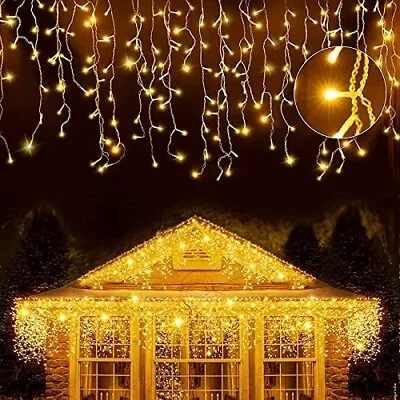 CHRISTMAS LIGHTS GRESONIC 220 LED WARM WHITE ICICLE PLUG IN Curtain FAIRY LIGHTS • £13.99