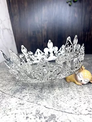 Men's Fleur De Lis Full King Crown Crystals Silver Plating 24 Inches Size XXL • $34.99