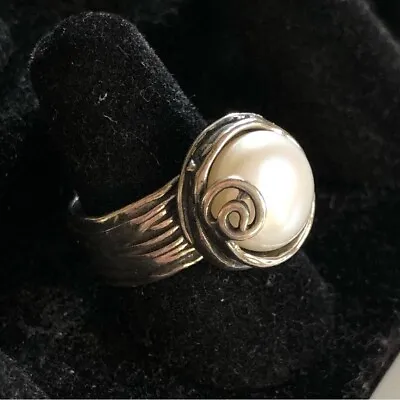 Vintage Pearl Sterling Silver Israel Signed Ring 7 • $75