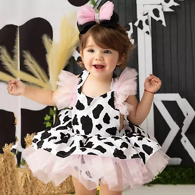 Toddler Baby Girls Romper Dress Infant Cow Print Tulle Clothes Newborn • £11.92