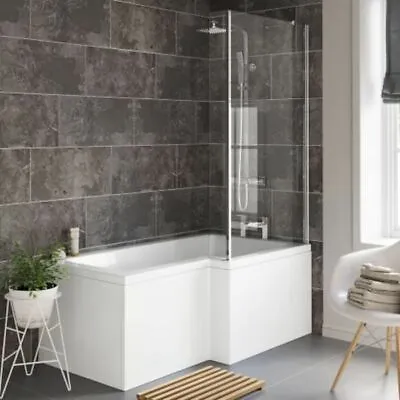 L Shape Bath 1700mm Shower Bath Tub L Shaped Front Panel Glass Shower Screen  • £229