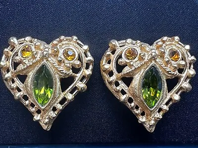 Exceptional Christian LACROIX Clip-on Earrings - Heart Shape -w Green Crystals • $413