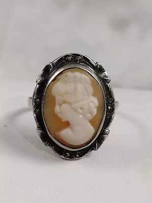 Vintage Sterling Silver 800 Carved Shell Cameo Marcasites Ring Sz 6 • $26.25