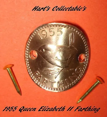 Walking Stick Badge/mount 1955 Queen Elizabeth Ii Copper Wren Farthing -scarce • £3.99