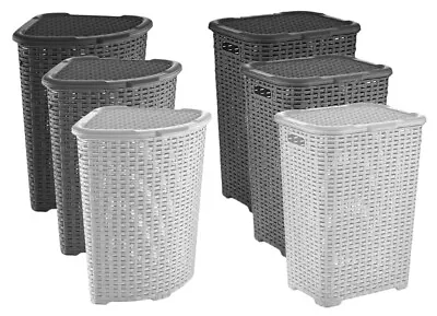 Corner Plastic Laundry Basket Lid Large Rattan Washing Clothes Storage Hamper • £17.99