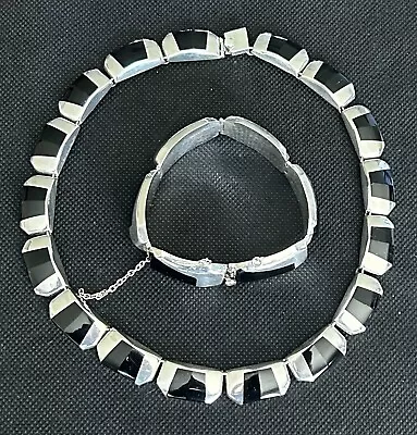 Vtg. Taxco Sterling Onyx Station Hinged Bangle Bracelet & Collar Necklace 87g • $85