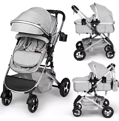 AILEEKISS 2-in-1 Convertible Baby Stroller: Folding Bassinet Pram Light Grey • $144.98